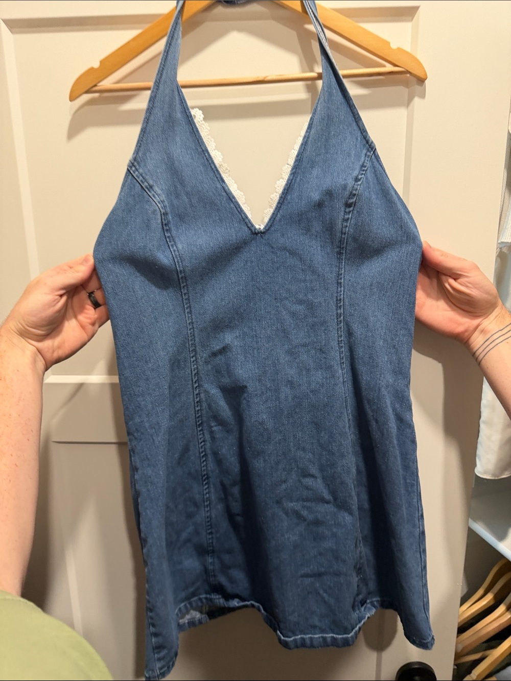 Denim-Style Blue Halter Chemise with Lace Trim